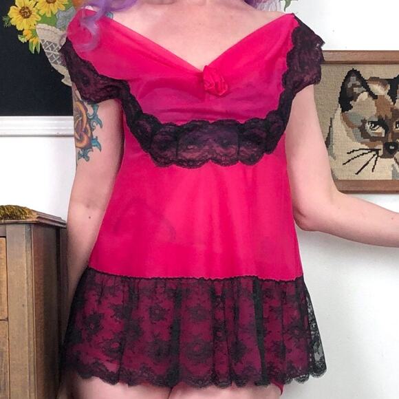 Vintage Hot Pink Babydoll Nightie Set, 1960s Fuchsia Chiffon & Black Lace, Sz S - Picture 7 of 10